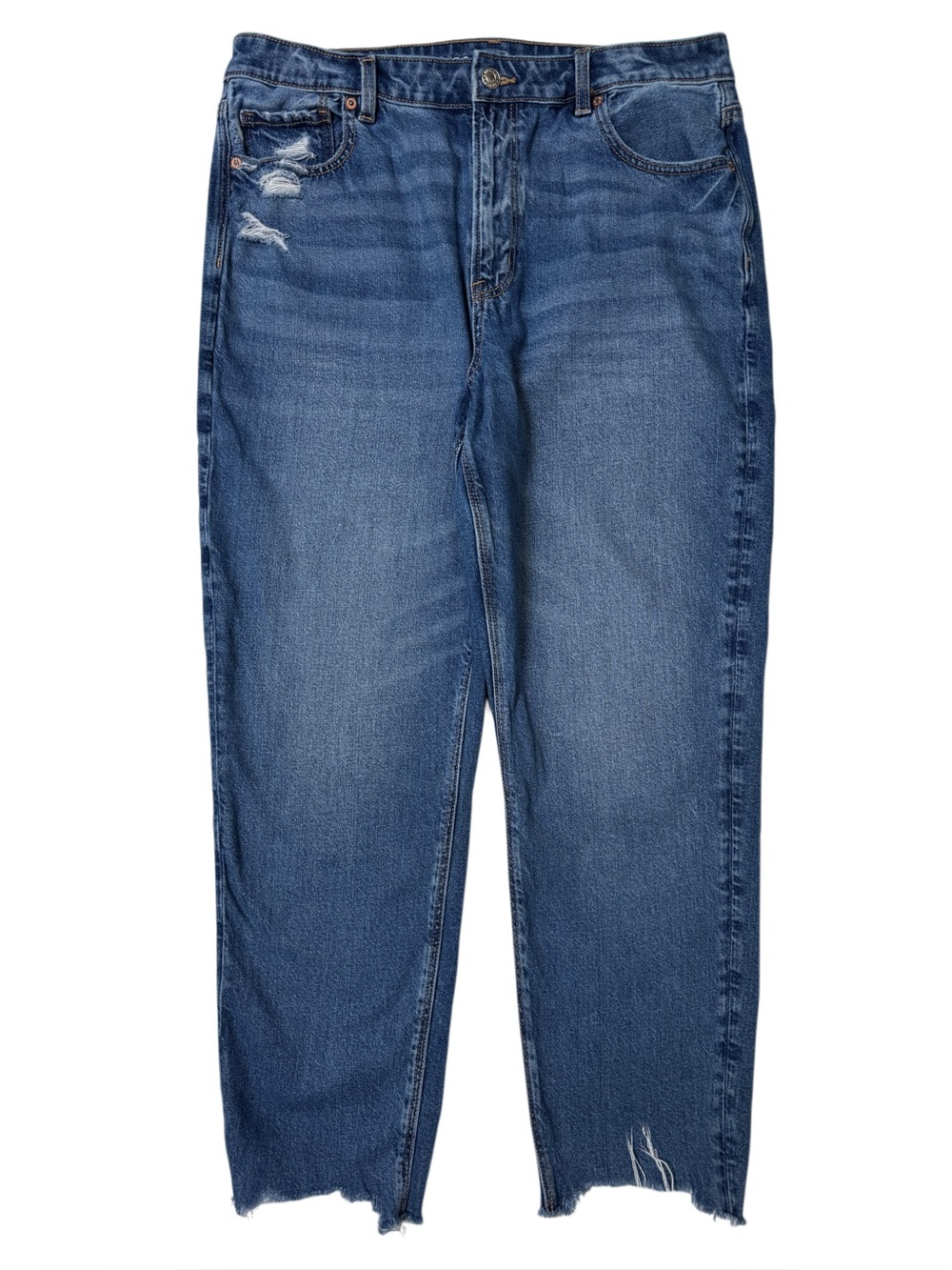 {American Eagle} "Mom Jean" Blue High Rise Raw Hem Straight Leg Jeans WJ514